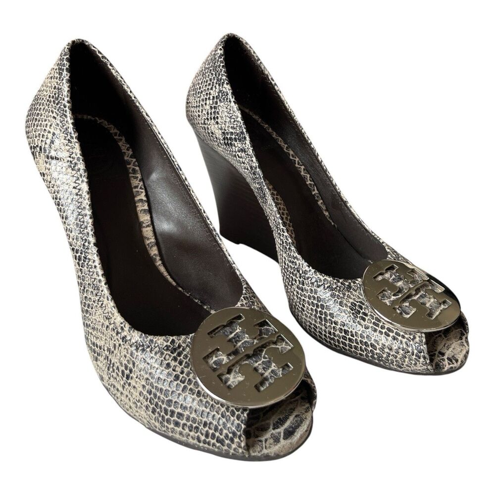 Tory Burch Shoes Julianne Python Embossed Leather Peep-toe Wedge Size 8.5 M